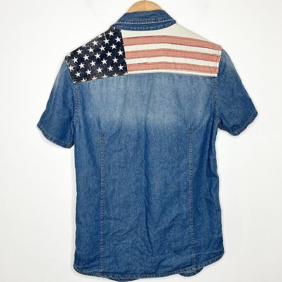 Jeep Spirit Mens Patched Denim Shirt Size M American Flag Patriotic Short Sleeve - Picture 7 of 8